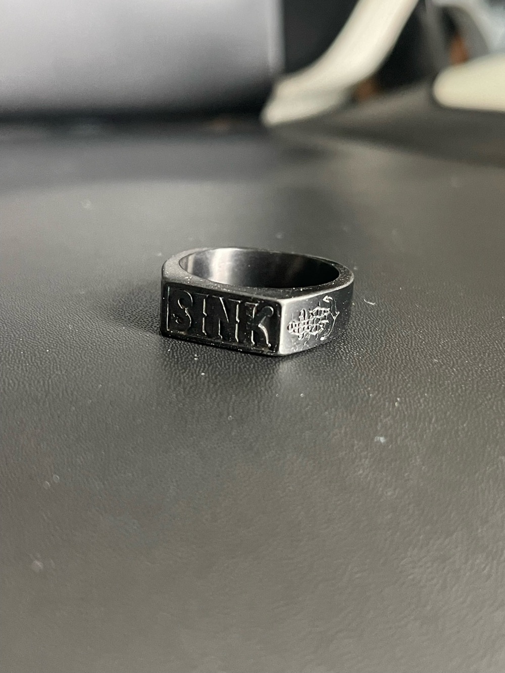 Men's Black Engraved 'SINK' Signet Ring -